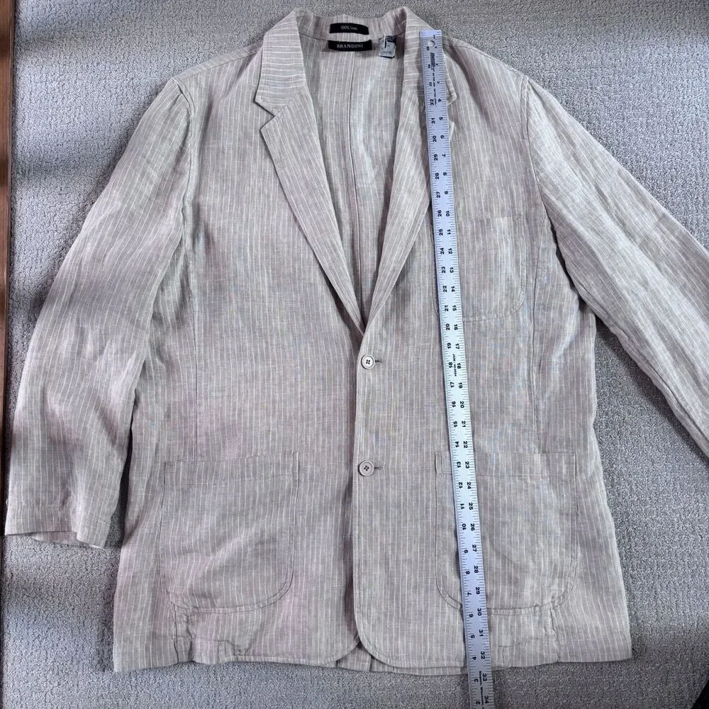 VTG Brandini Men's XL Linen Striped Sport Coat Blazer Jacket Beige Coastal Prep